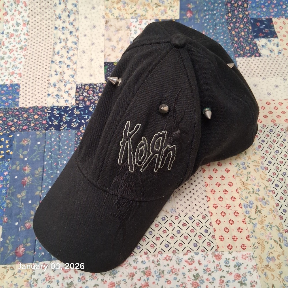Vintage Y2K KORN Band Embroidered Baseball Cap Hat Black Studded Nu Metal